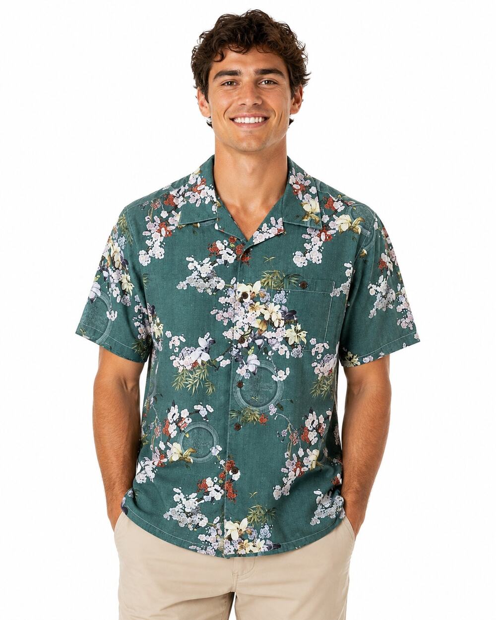 Yiume Dark Green Hawaiian Tropical Multicolor Floral Print Button Front Shirt
